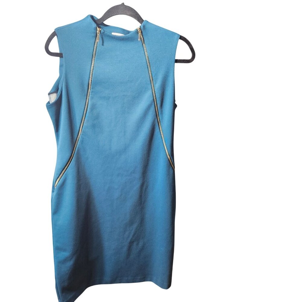 Calvin Klein Teal Sleeveless Sheath Dress With Gold Zipper Accents. Size tag mis
